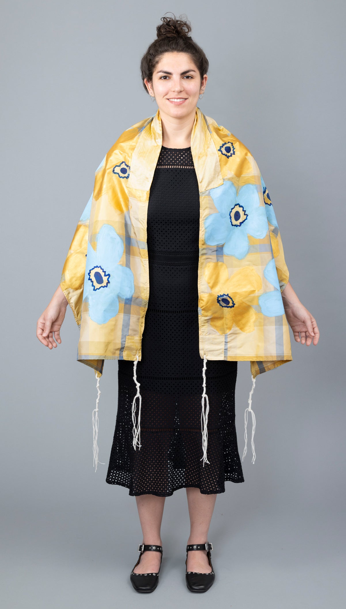 Blue and Gold Silk Plaid Tallit with Handpainted Marimekko Flowers