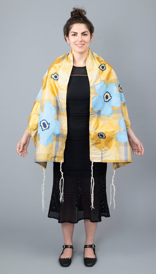 Blue and Gold Silk Plaid Tallit with Handpainted Marimekko Flowers