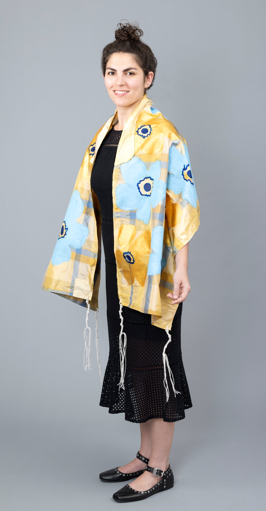 Blue and Gold Silk Plaid Tallit with Handpainted Marimekko Flowers