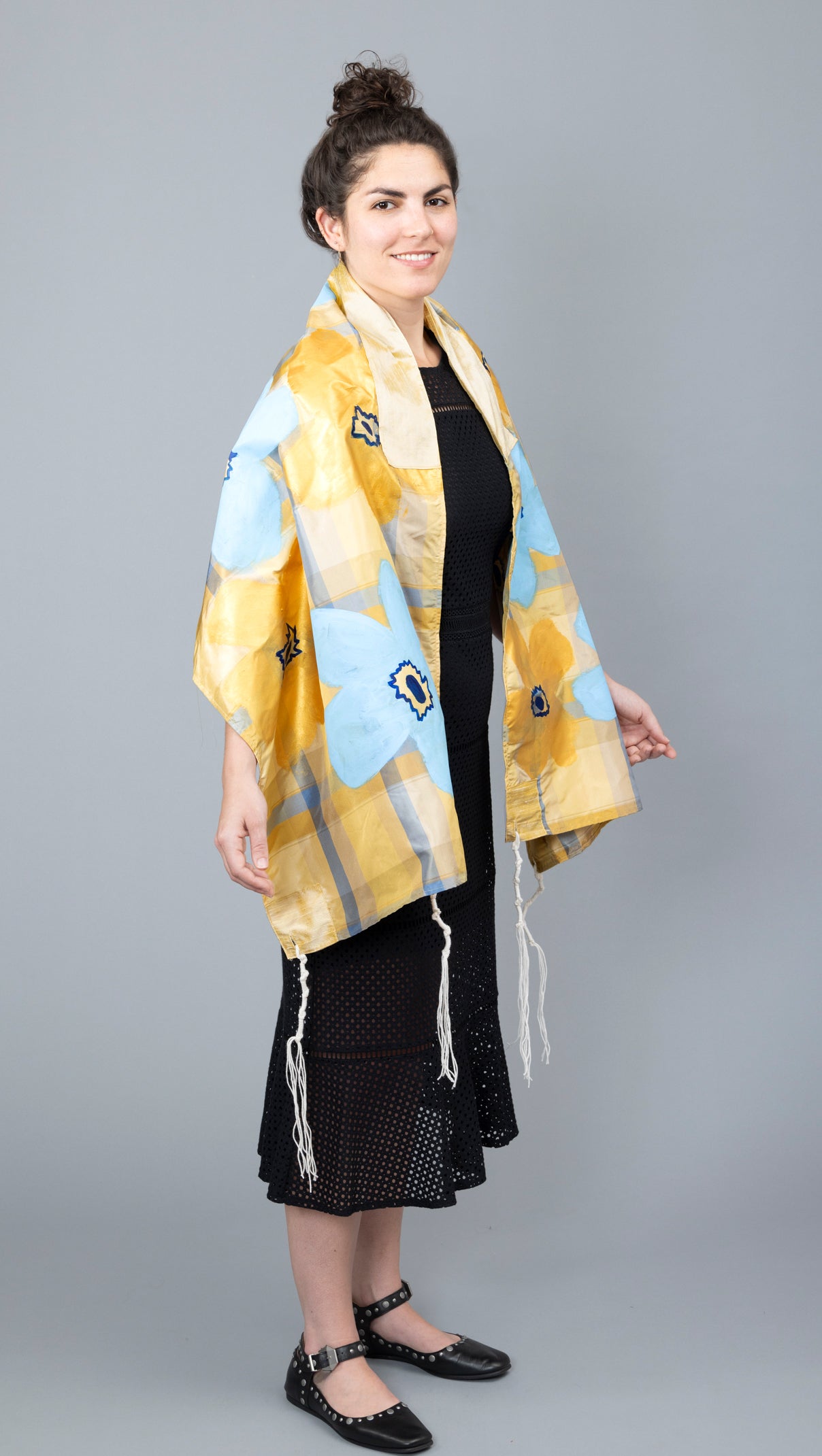 Blue and Gold Silk Plaid Tallit with Handpainted Marimekko Flowers