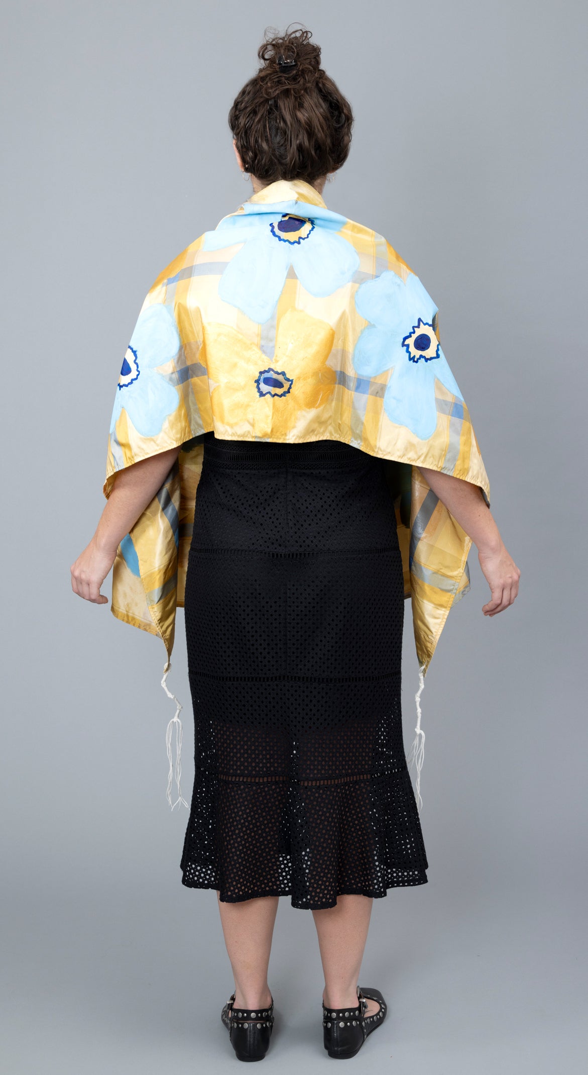 Blue and Gold Silk Plaid Tallit with Handpainted Marimekko Flowers