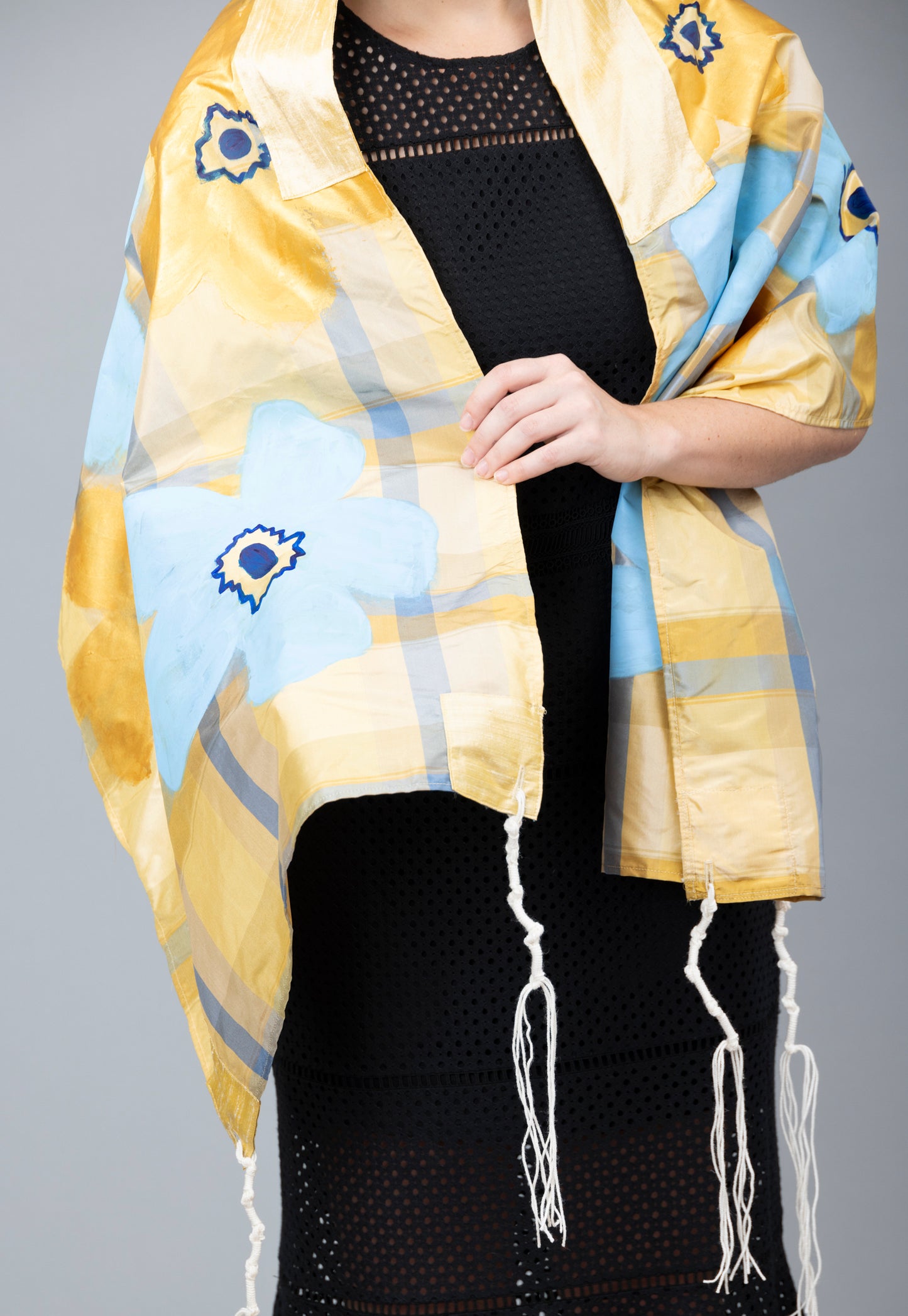 Blue and Gold Silk Plaid Tallit with Handpainted Marimekko Flowers