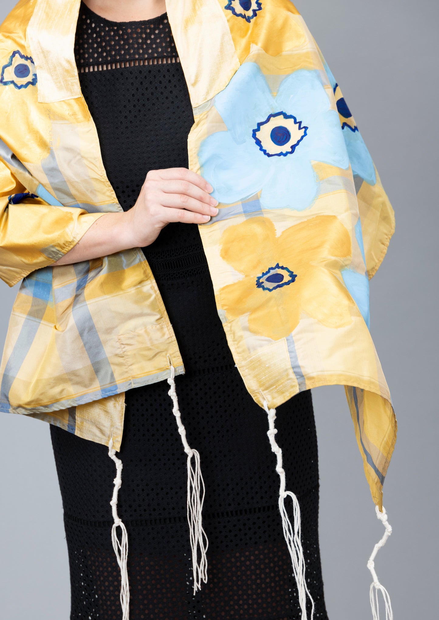 Blue and Gold Silk Plaid Tallit with Handpainted Marimekko Flowers