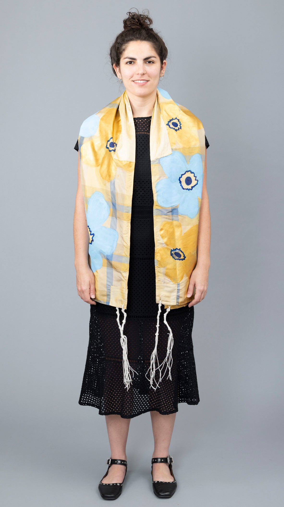Blue and Gold Silk Plaid Tallit with Handpainted Marimekko Flowers