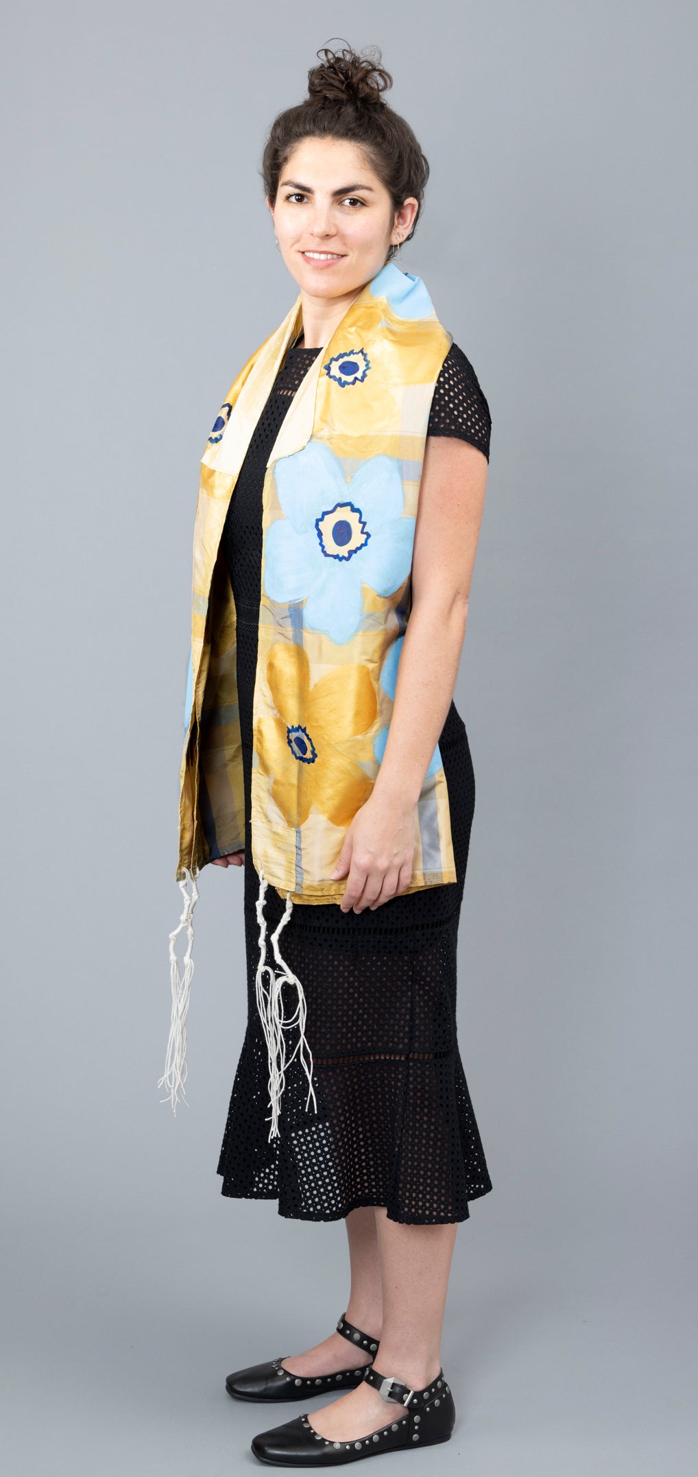 Blue and Gold Silk Plaid Tallit with Handpainted Marimekko Flowers