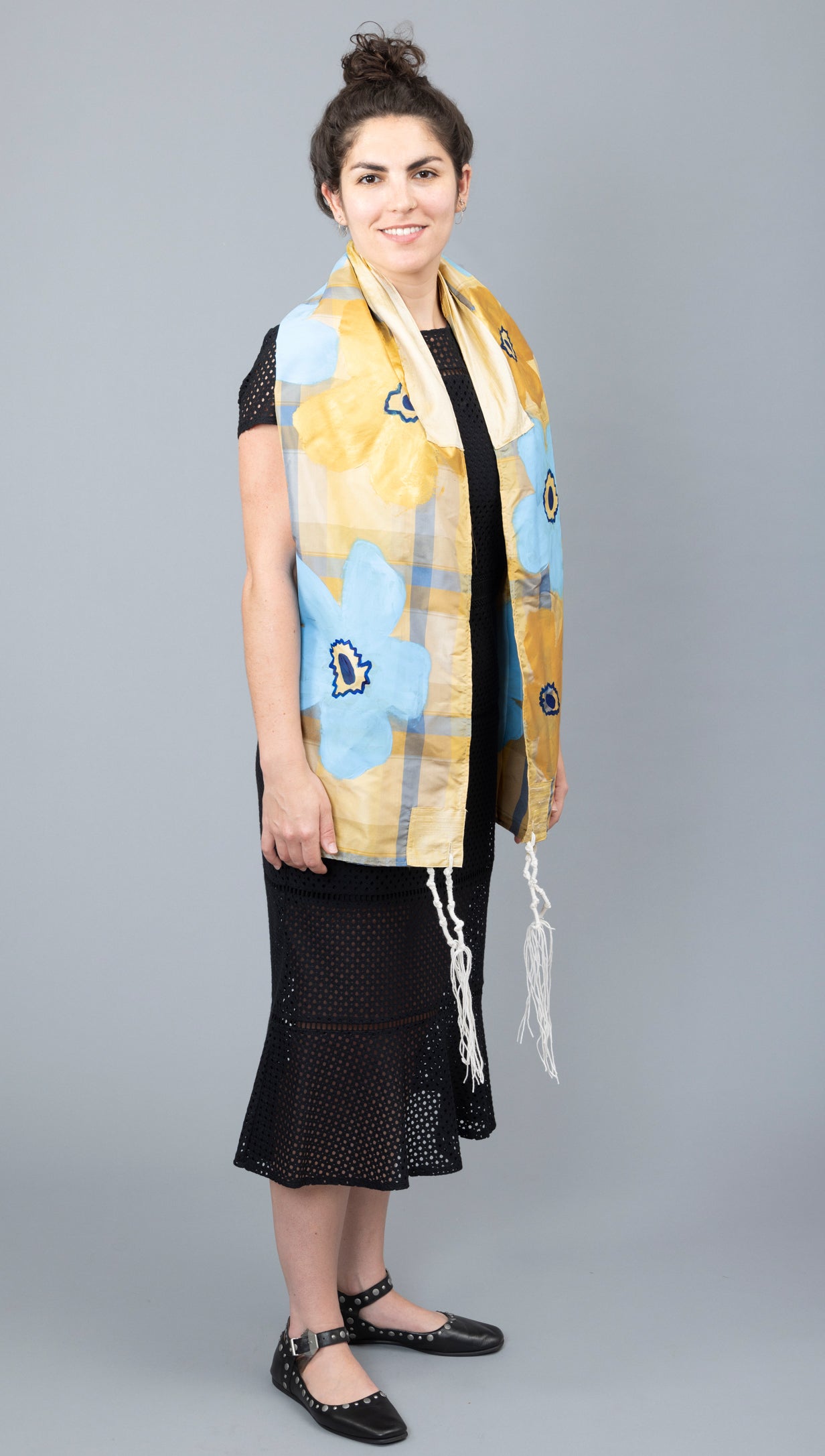 Blue and Gold Silk Plaid Tallit with Handpainted Marimekko Flowers