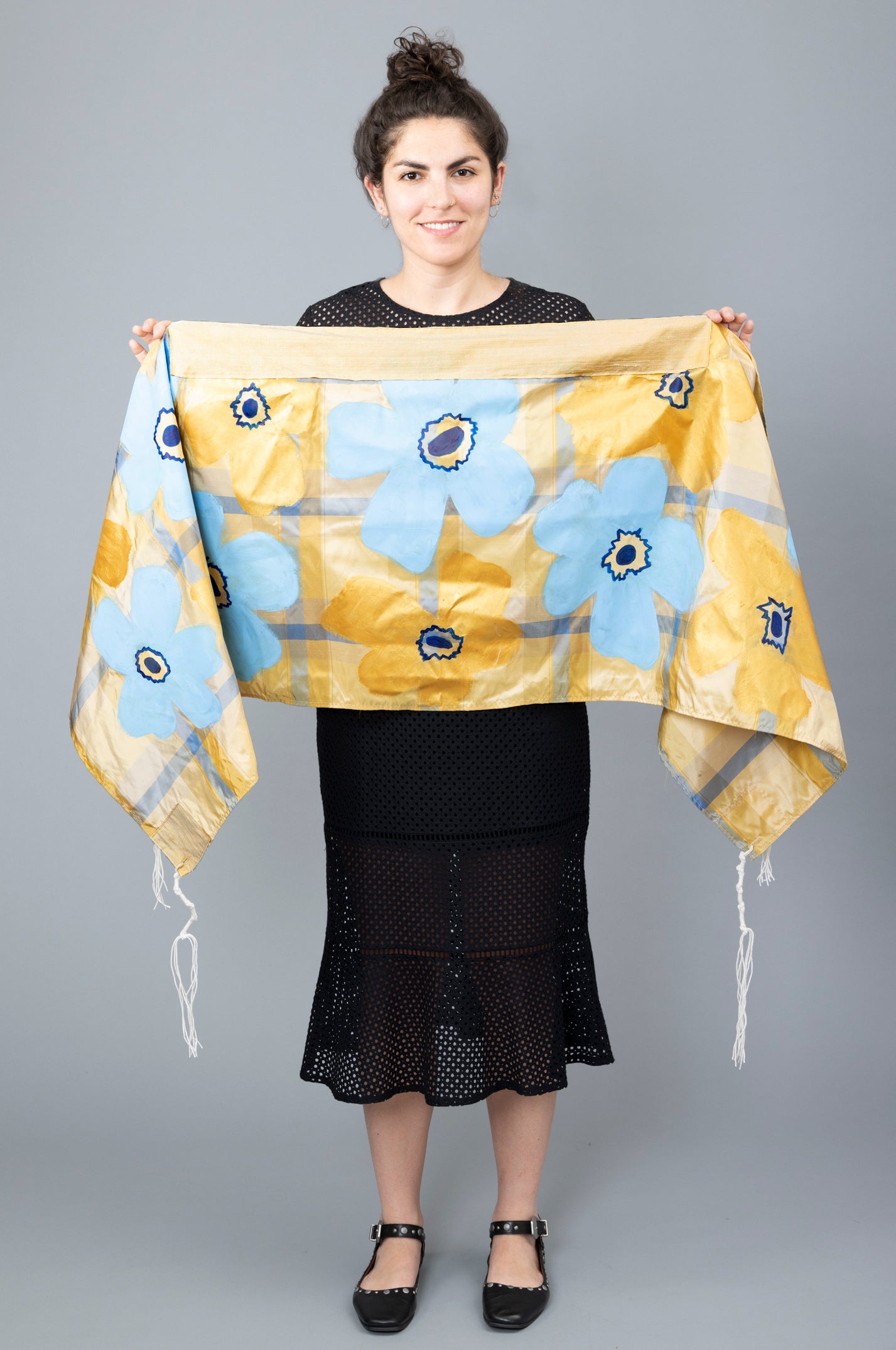 Blue and Gold Silk Plaid Tallit with Handpainted Marimekko Flowers
