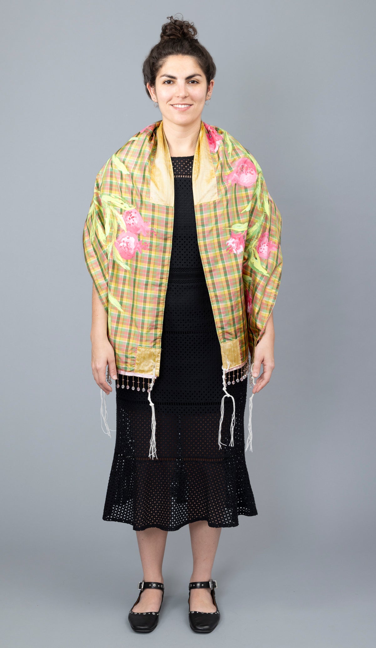 Blue and Gold Silk Plaid Tallit with Handpainted Marimekko Flowers