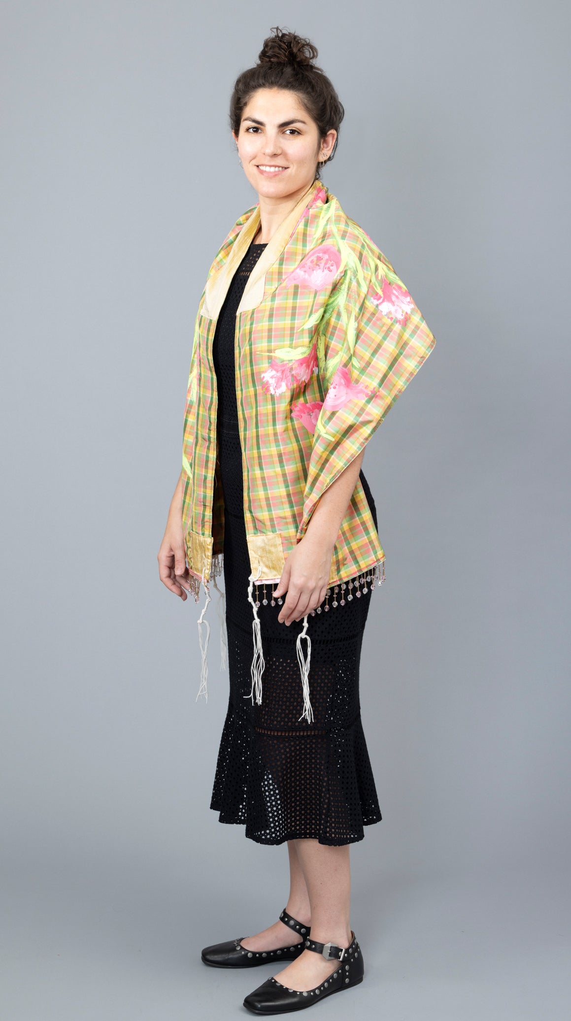 Blue and Gold Silk Plaid Tallit with Handpainted Marimekko Flowers