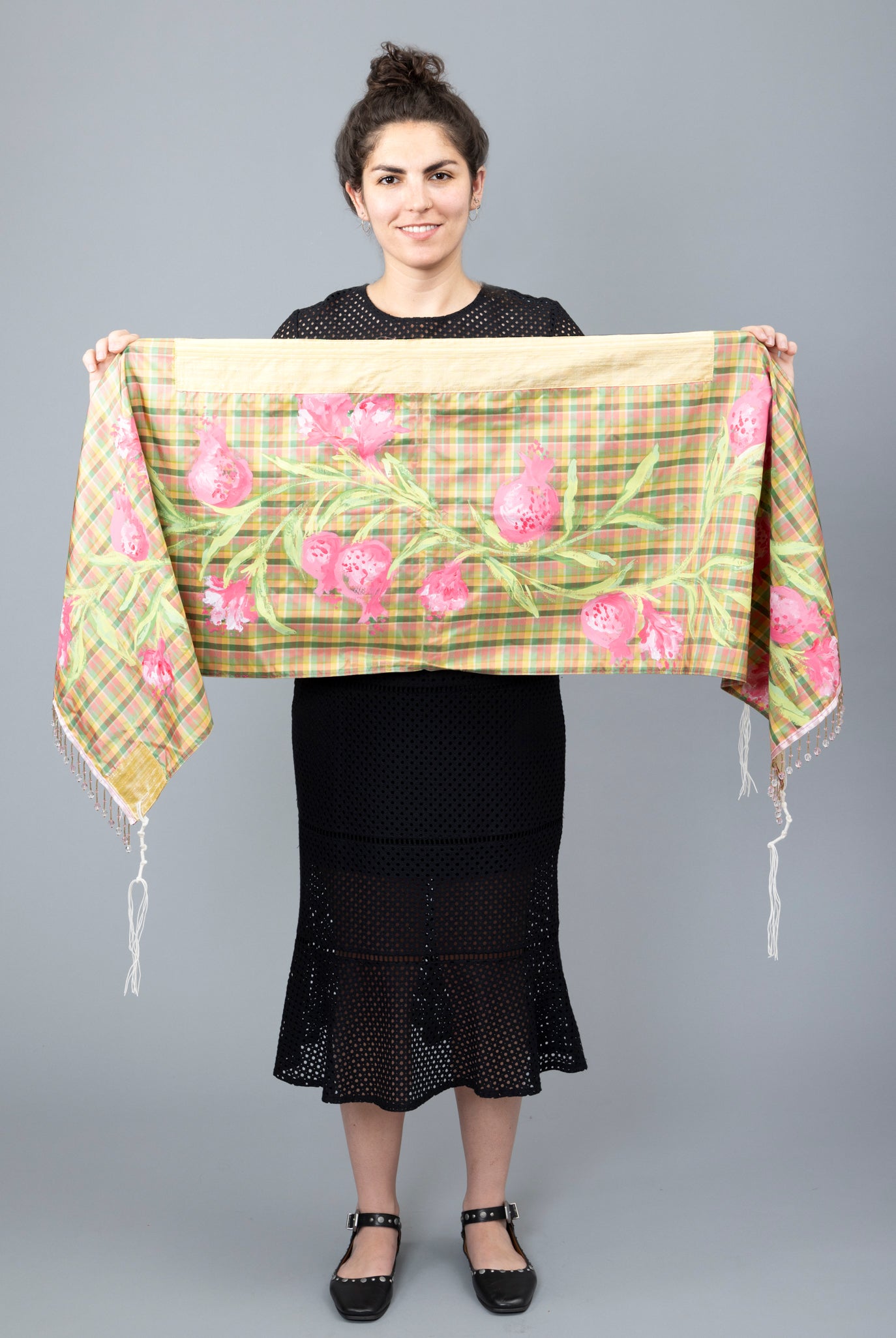 Pink, Green, and Yellow Silk Plaid Tallit with Handpainted Pomegranate Design